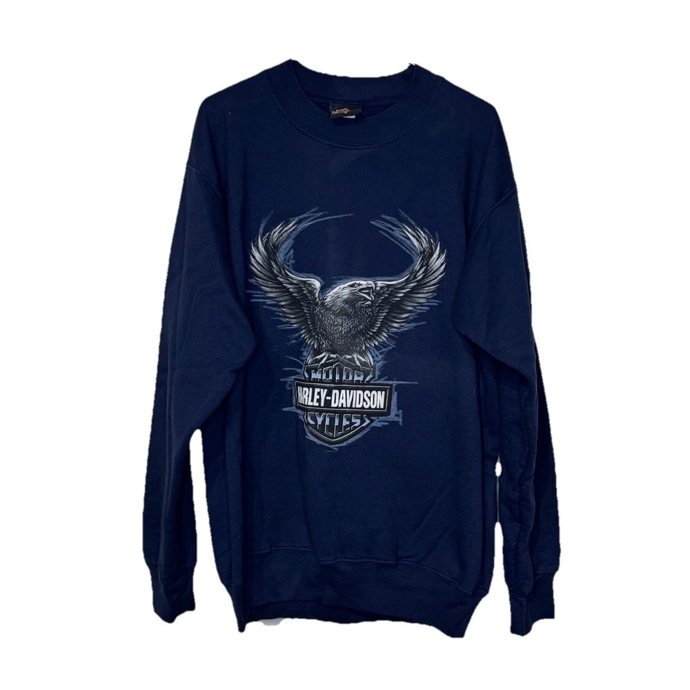 Harley Davidson Men's Vintage 90s Chrome‎ Eagle Engine Crewneck Navy Blue Medium